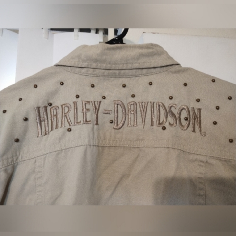 Harley Davidson Sudded Cropped Khaki Tan Jacket Size XL Pockets Adj Sleeve Waist - Picture 2 of 5